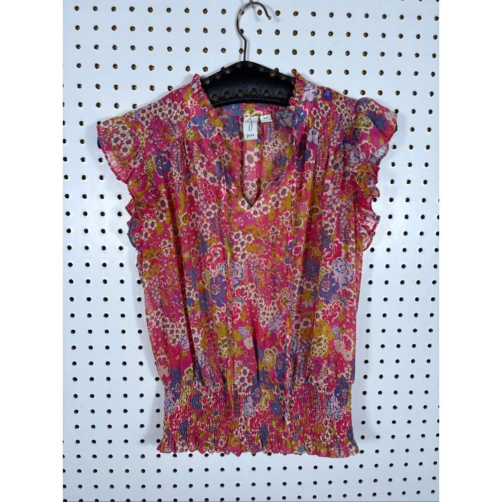 Joie Women’s Pink Floral Print Smocked Tie Front Top size XS